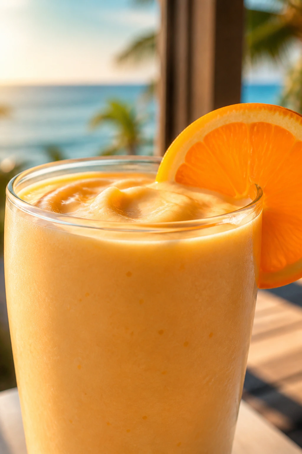 Close-up of Orange Creamsicle Tropical Smoothie in glass, seaside cafe lighting