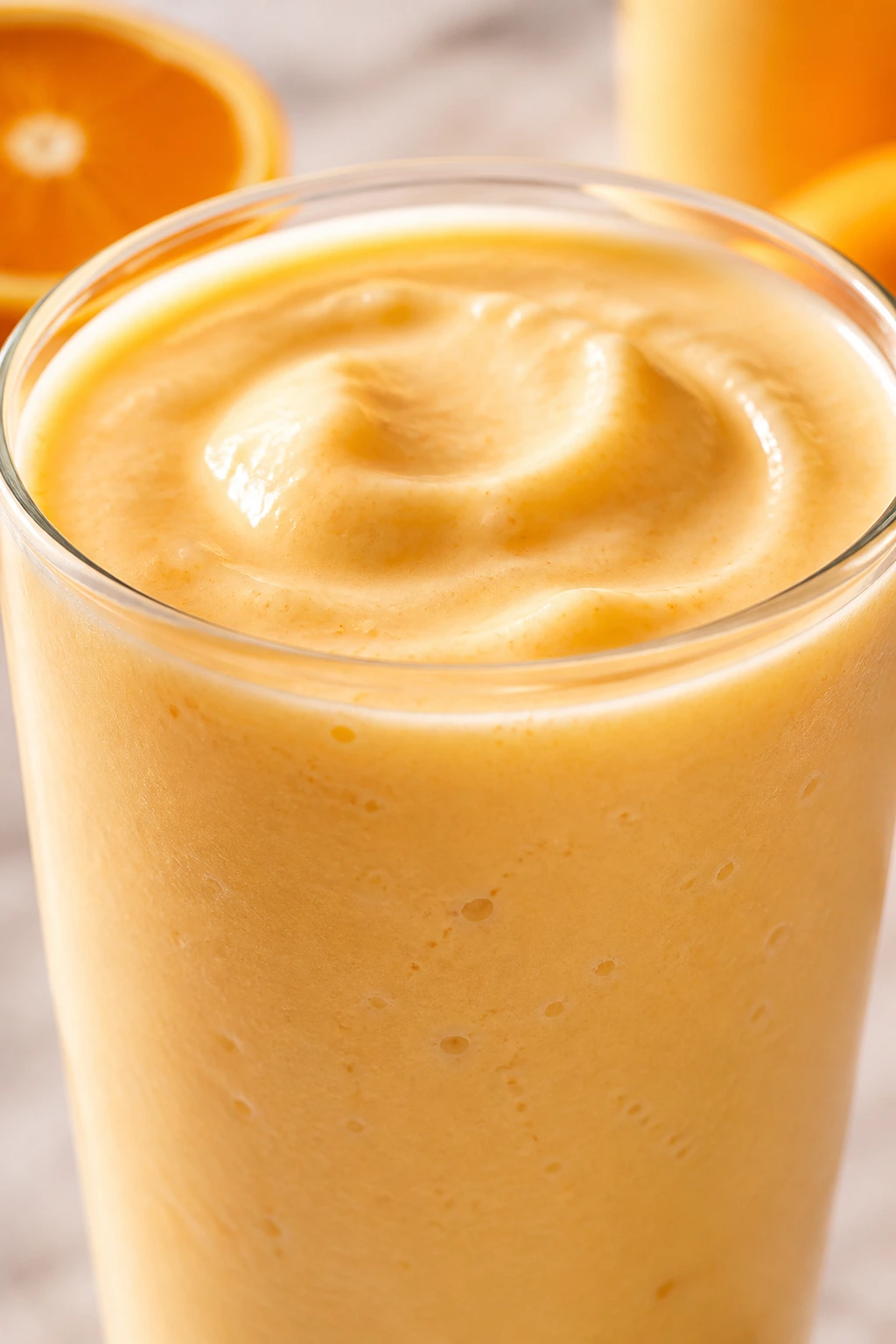 Close-up of Orange Creamsicle Protein Smoothie in a glass on a sunlit kitchen counter