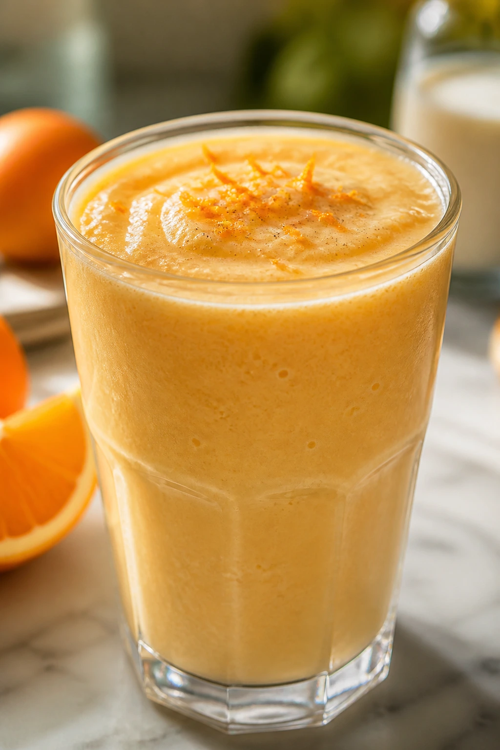 Close-up of Orange Creamsicle Smoothie with orange zest