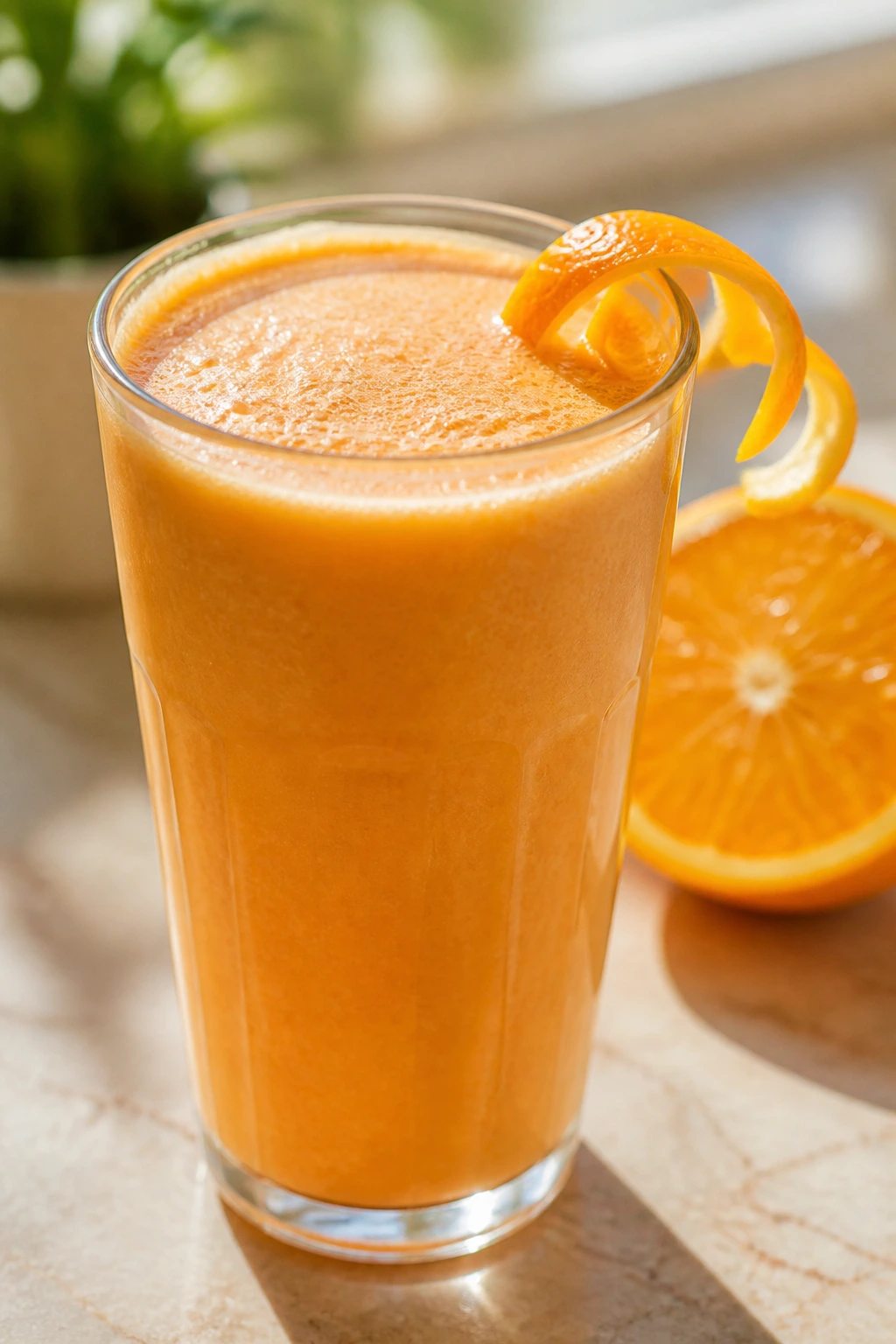 Close-up of Orange Creamsicle Smoothie in a glass with orange zest on the rim