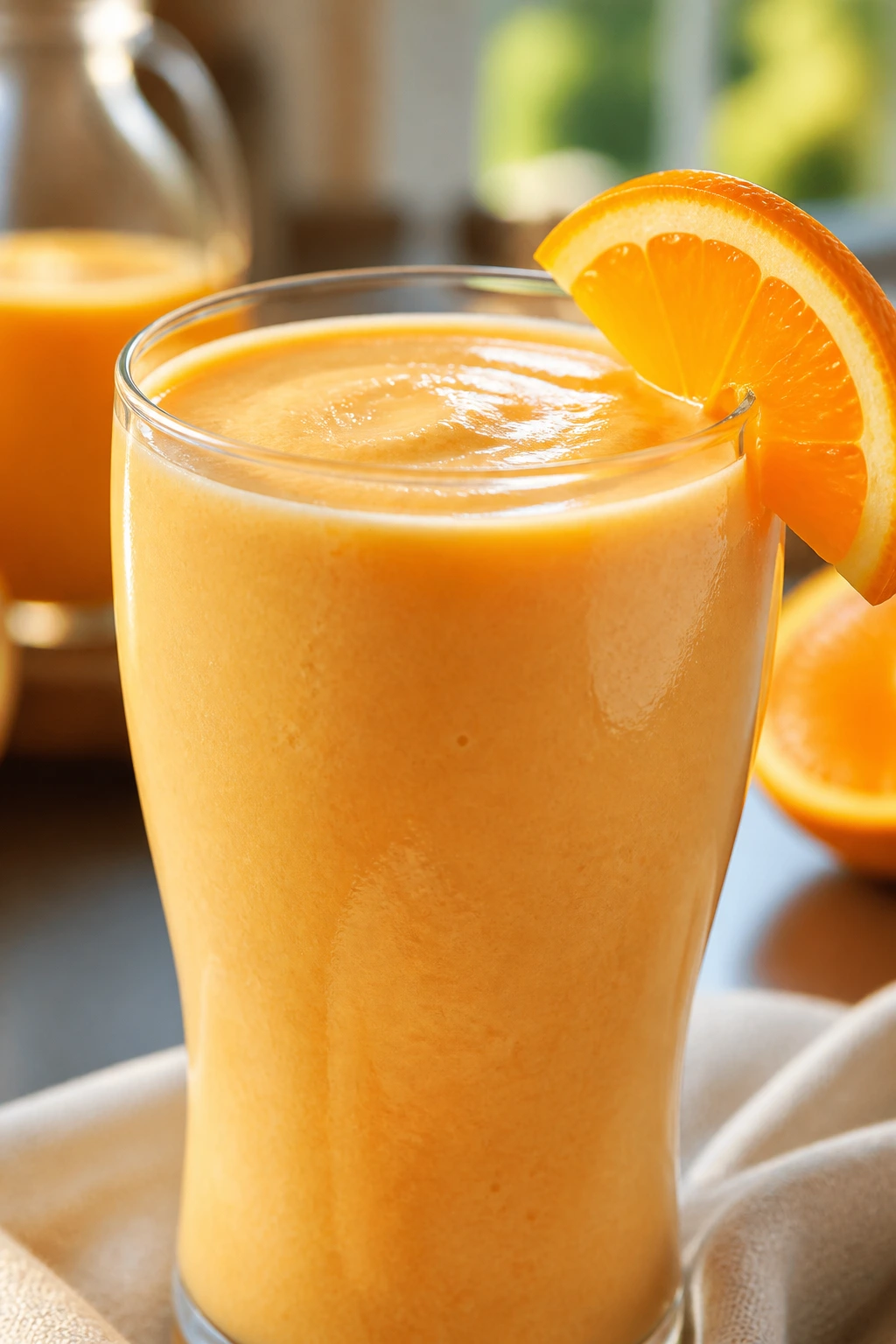 Bright orange creamsicle smoothie in a glass with orange slice garnish