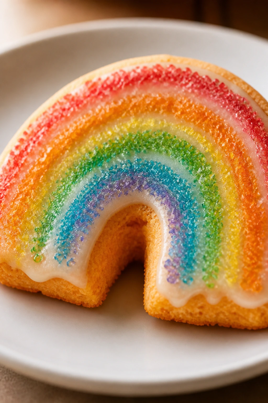 Close-up of orange-scented cut-out rainbow cookie with glaze