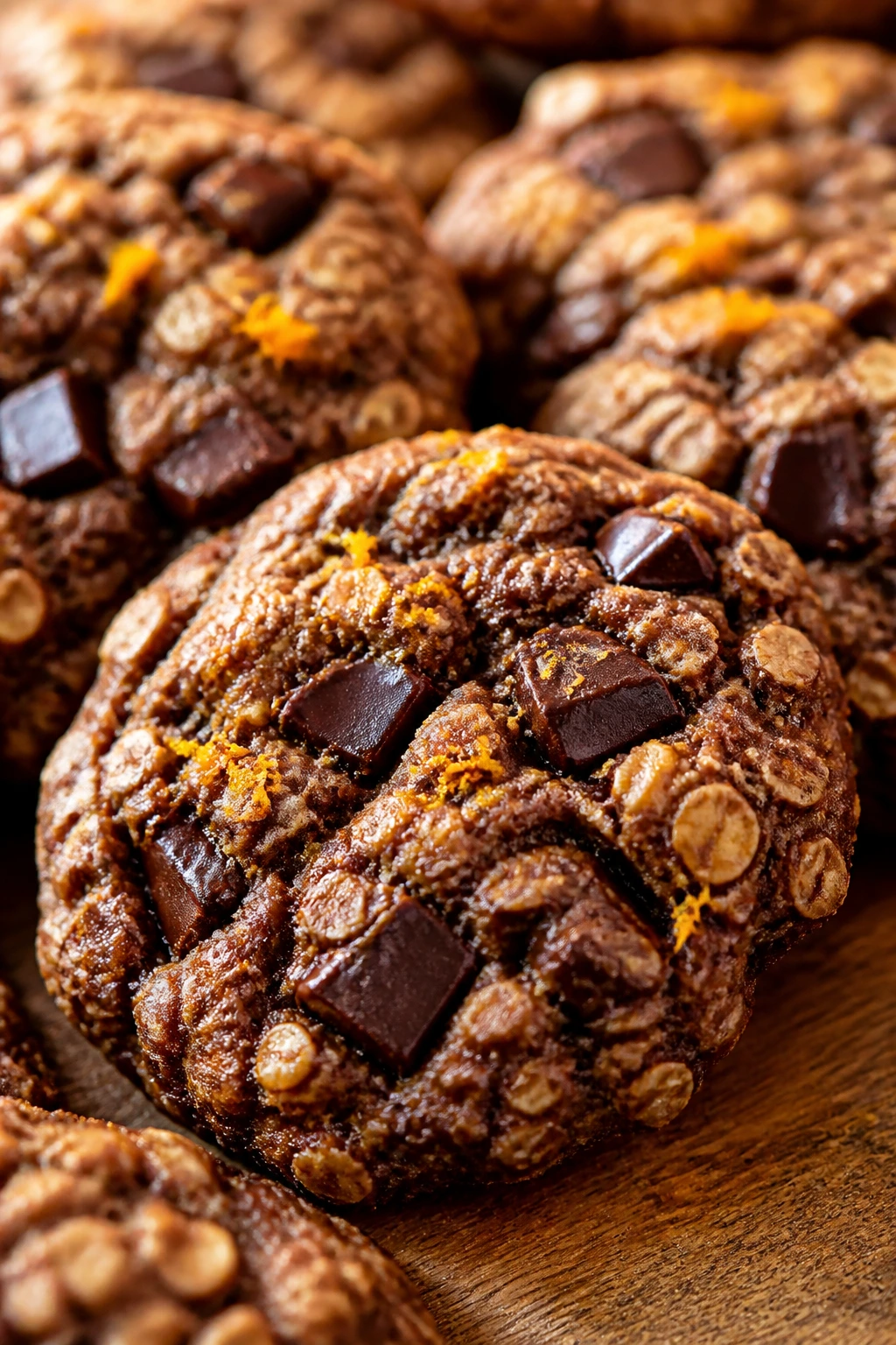 Close-up of Orange Dark Chocolate Oatmeal Cookies with orange zest