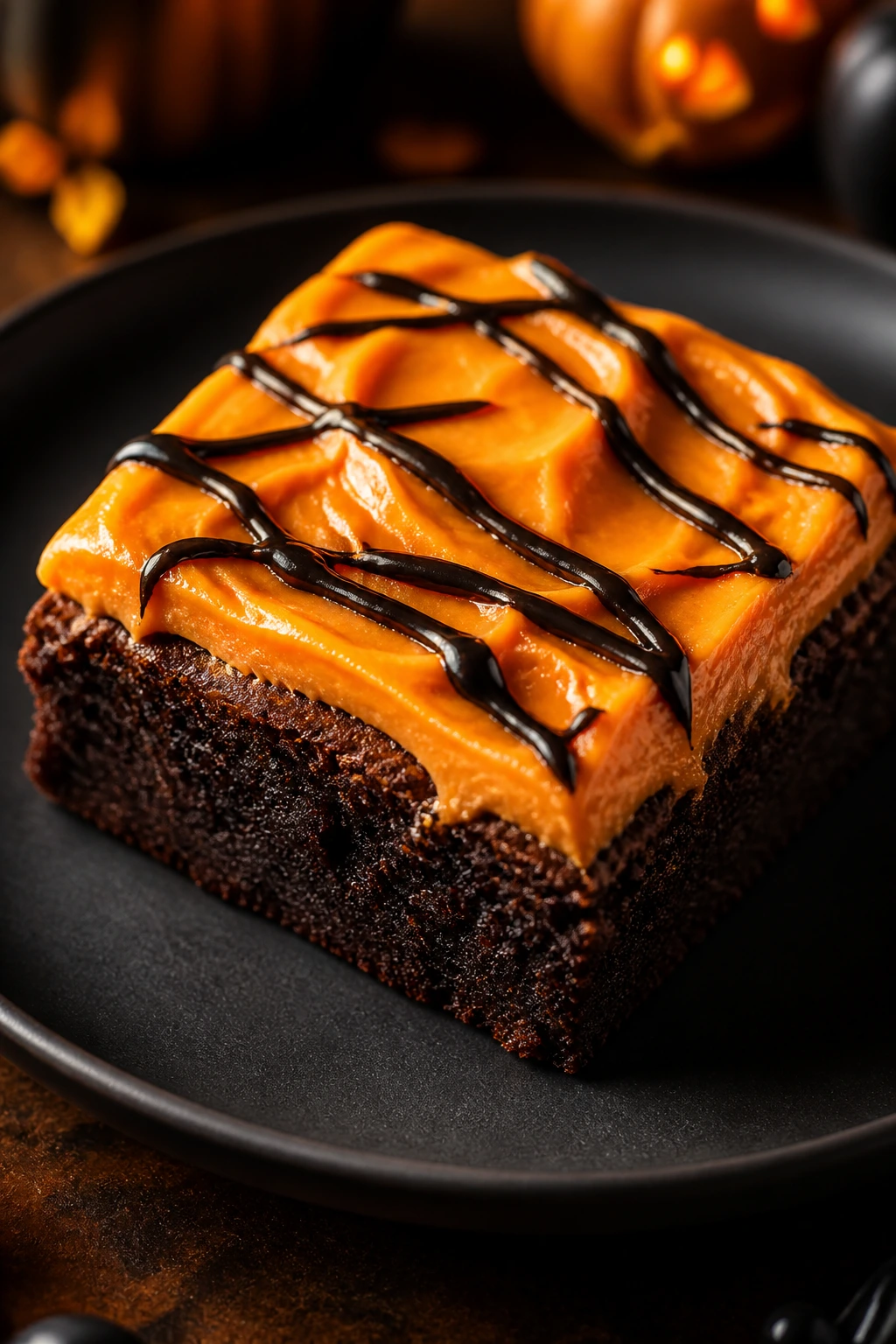 Brownie slab with orange frosting and dark drizzle for Halloween