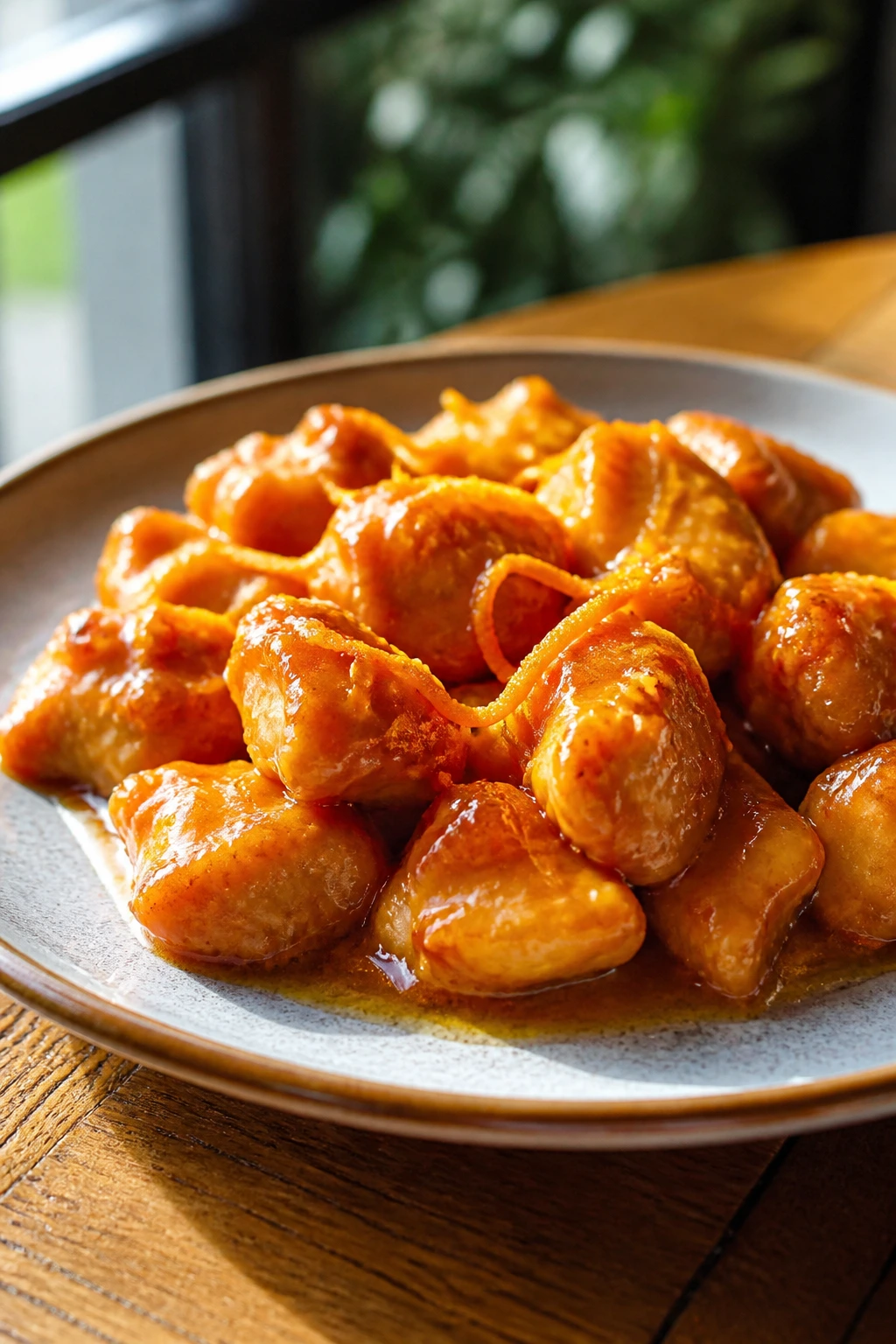 Plated chicken with bright orange-ginger glaze