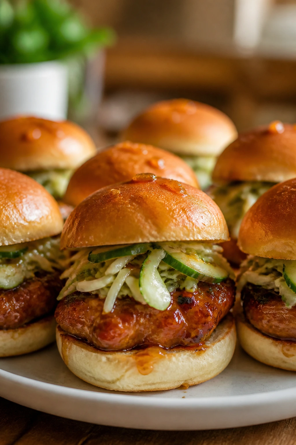 Orange ginger pork sliders with orange glaze and crunchy slaw on buns