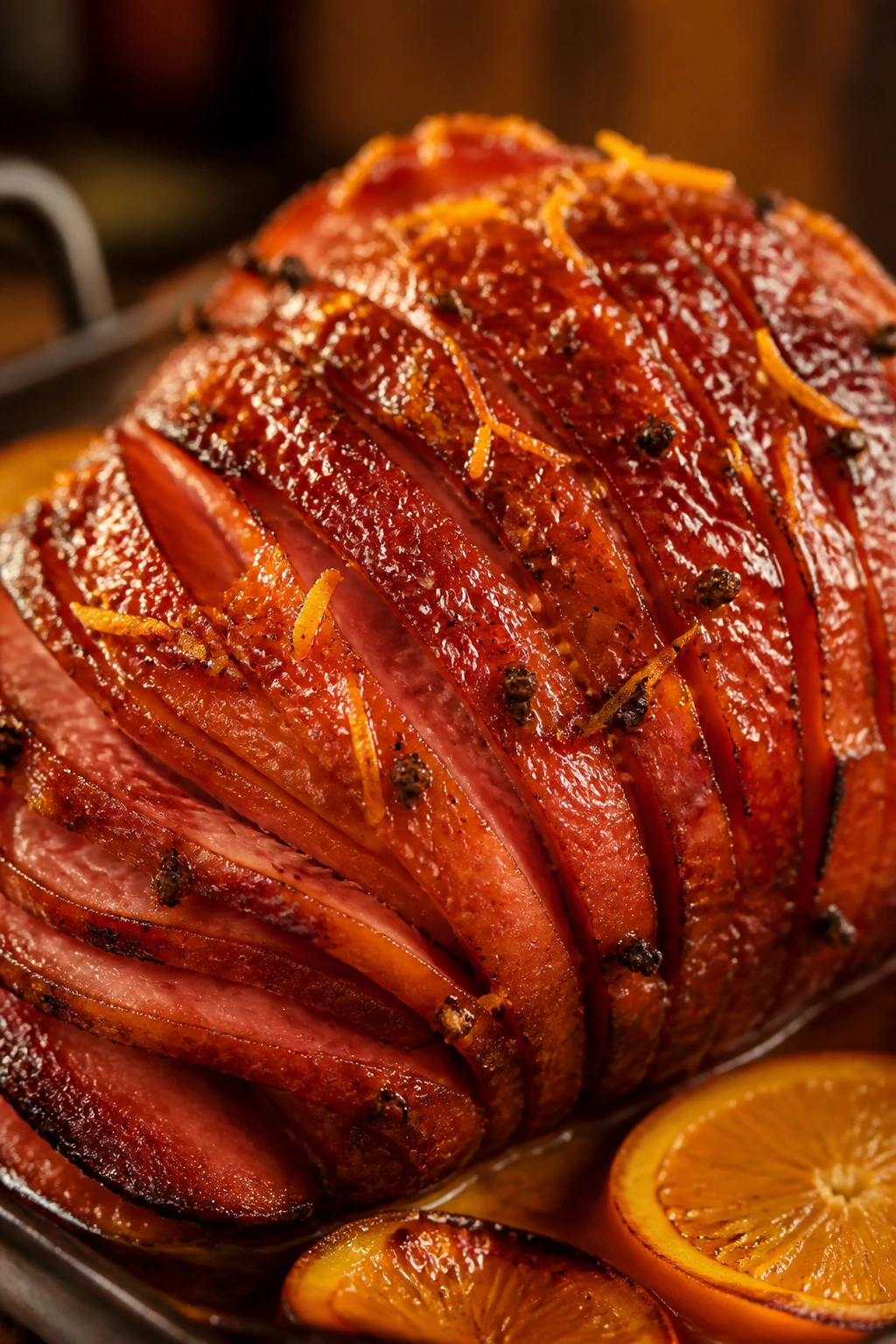 Ham with amber glaze and orange zest flecks suggesting flavor swaps