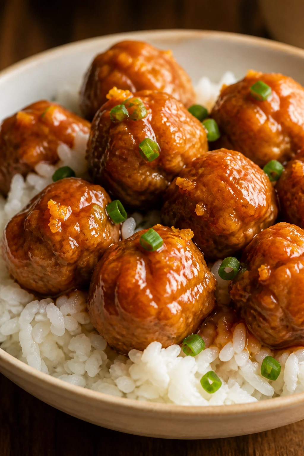 Glossy orange-glazed meatballs with rice.