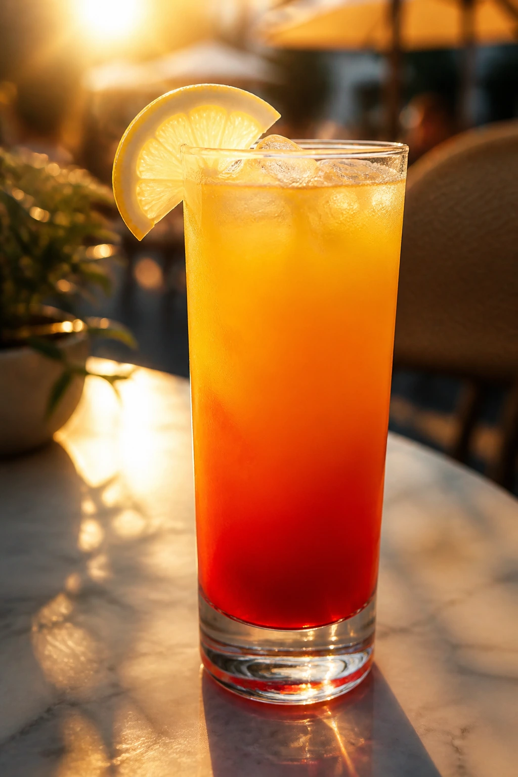 Orange Lemon Sunrise showing orange juice layered with grenadine at the bottom.