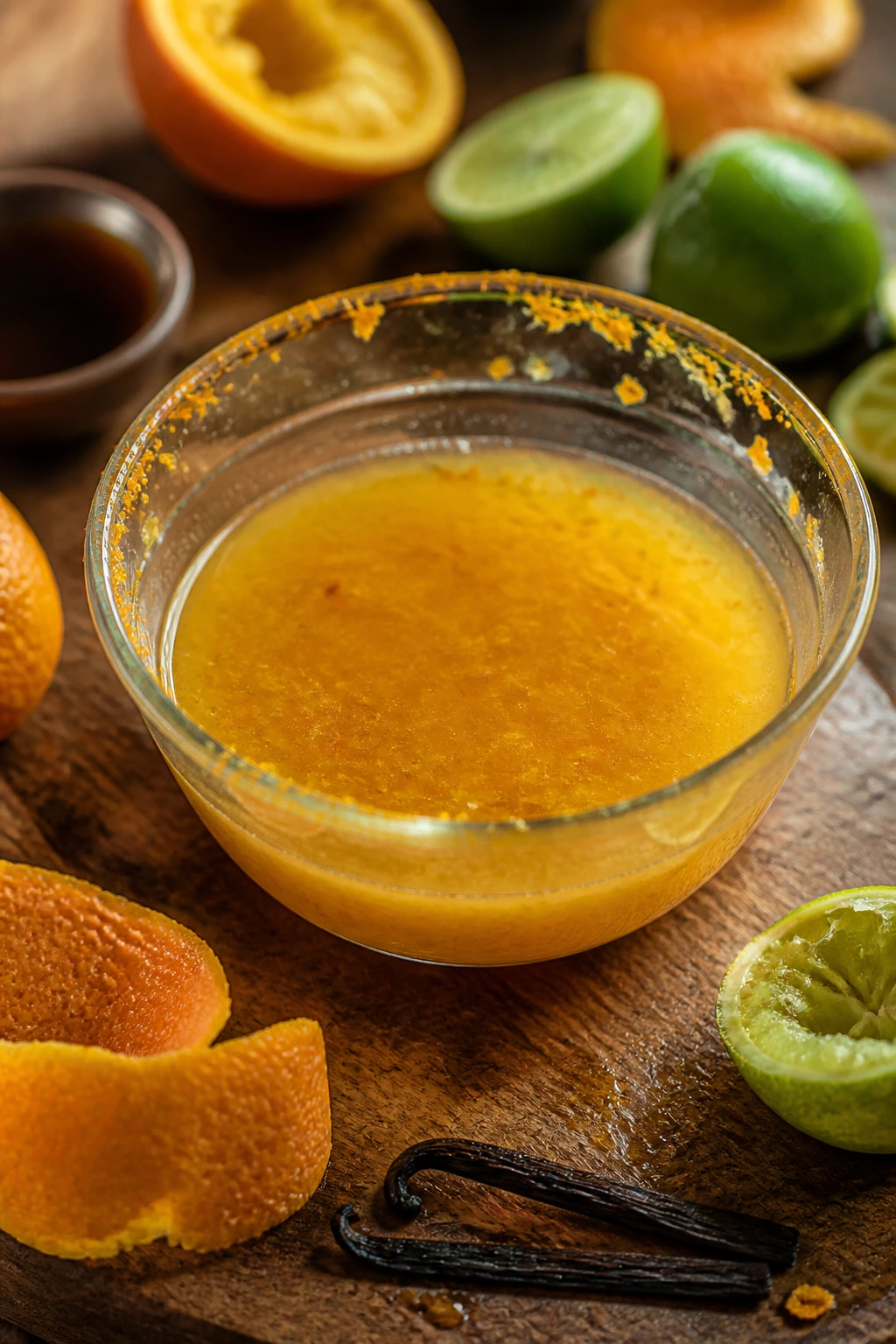 Bright citrus dressing in glass bowl with orange zest on rim.