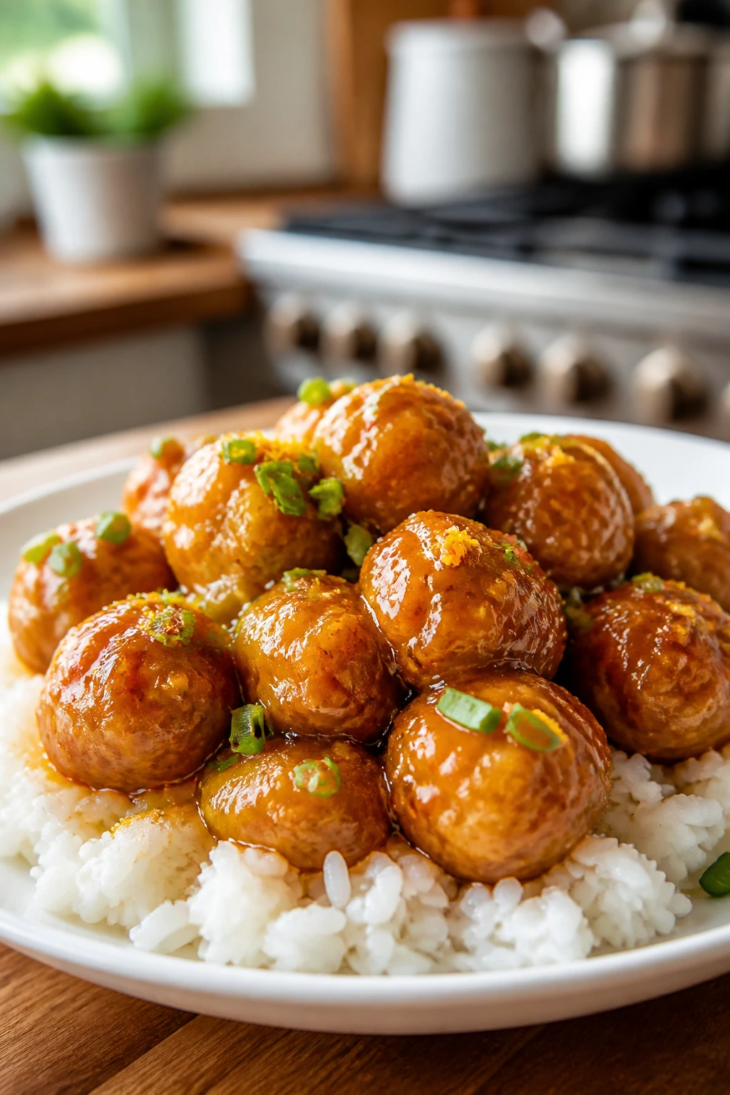 Close-up of orange-glazed chicken meatballs on a white plate in a warm home kitchen