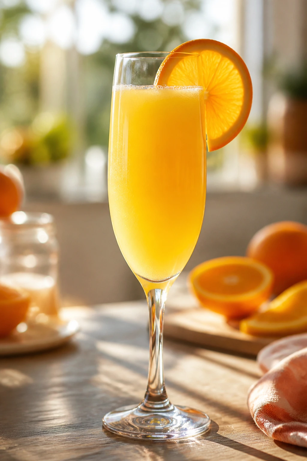 Orange sunrise mimosa in a flute with orange wheel