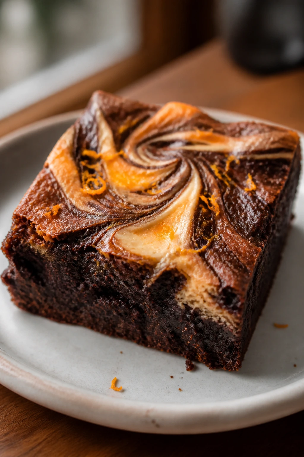 Close-up of orange mocha swirl brownie with orange zest