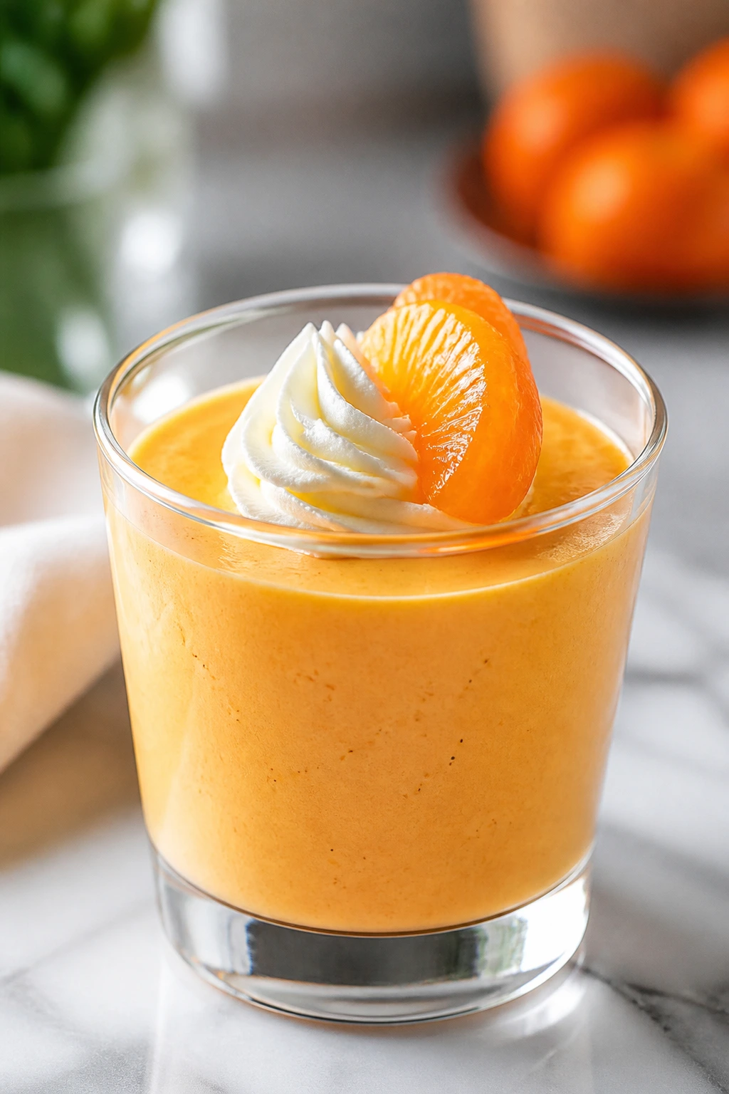 Close-up of orange creamsicle mousse cup in a kitchen setting