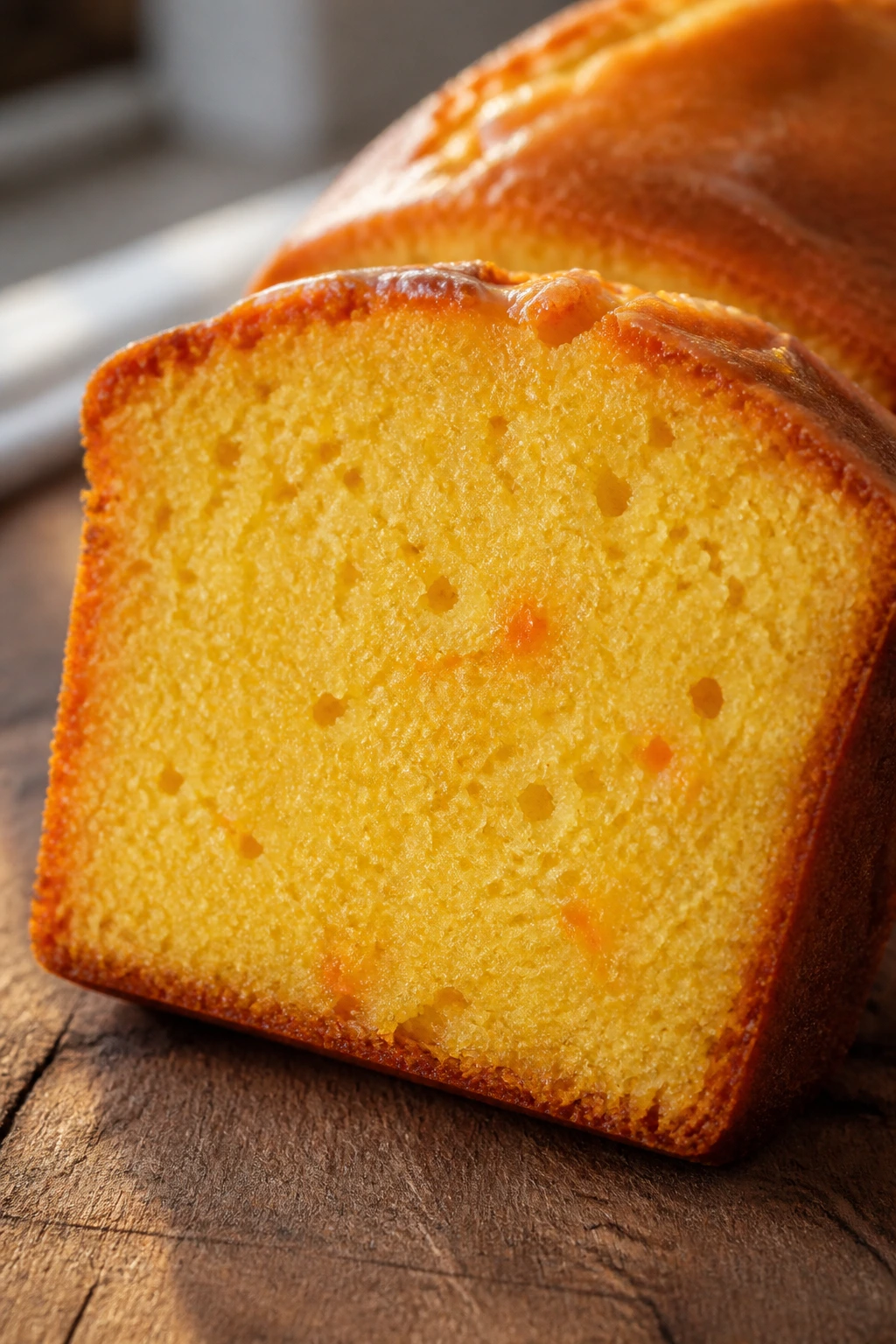 Close-up of a thick slice of orange olive oil cake on a wooden board