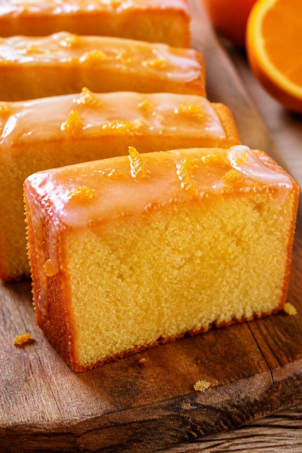 Close-up of orange olive oil cake slices with citrus glaze