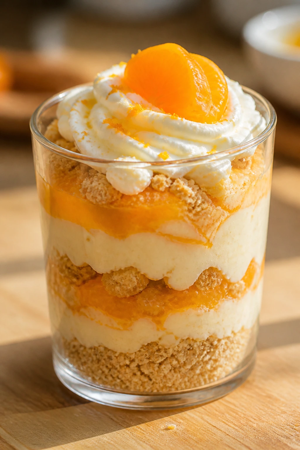 Close-up of a layered orange creamsicle parfait in a glass on a wooden counter