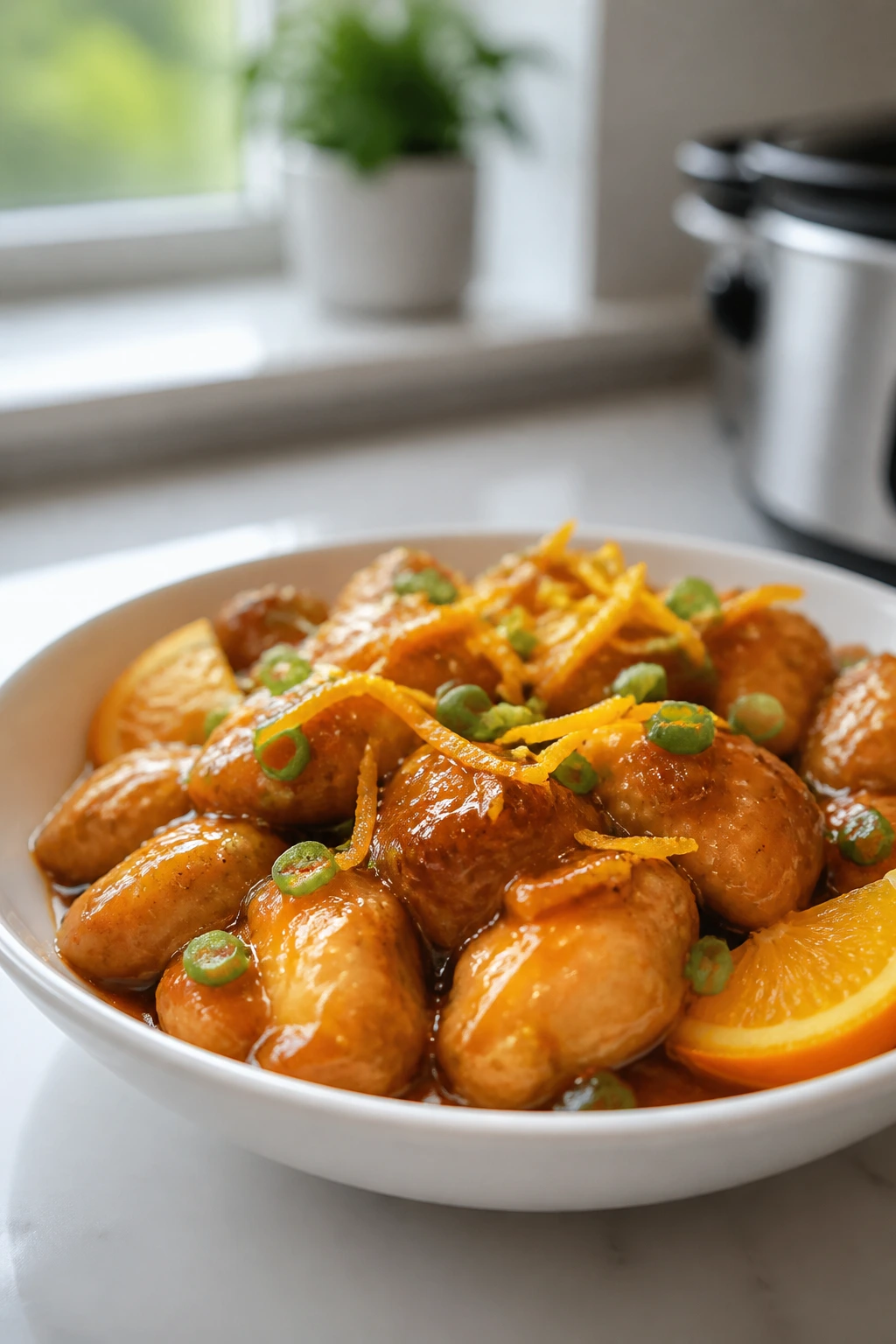 Bright orange-peel chicken in a bowl with glossy glaze.