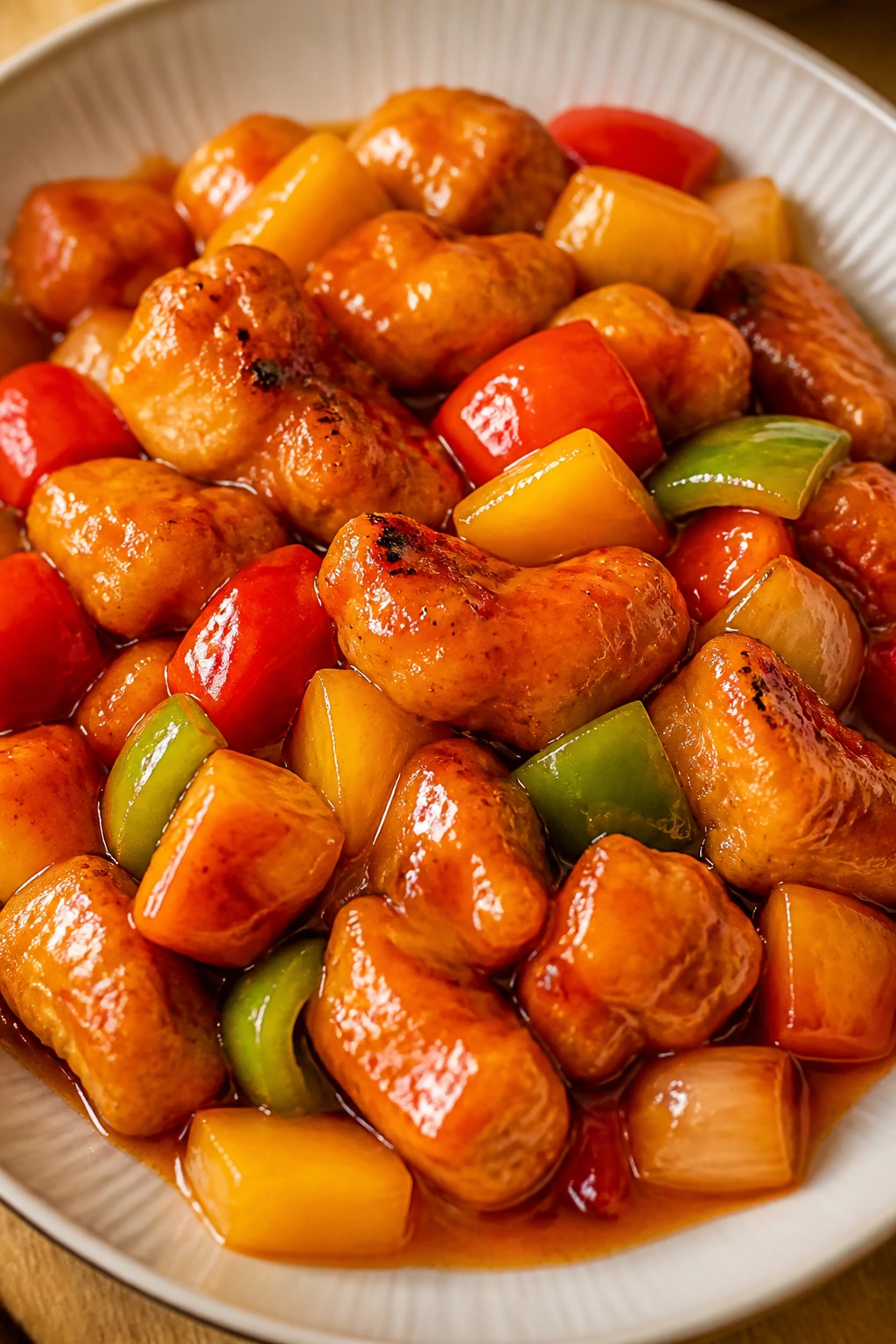 Plate showcasing a variation of roasted sweet and sour chicken with orange-tinted glaze and peppers.