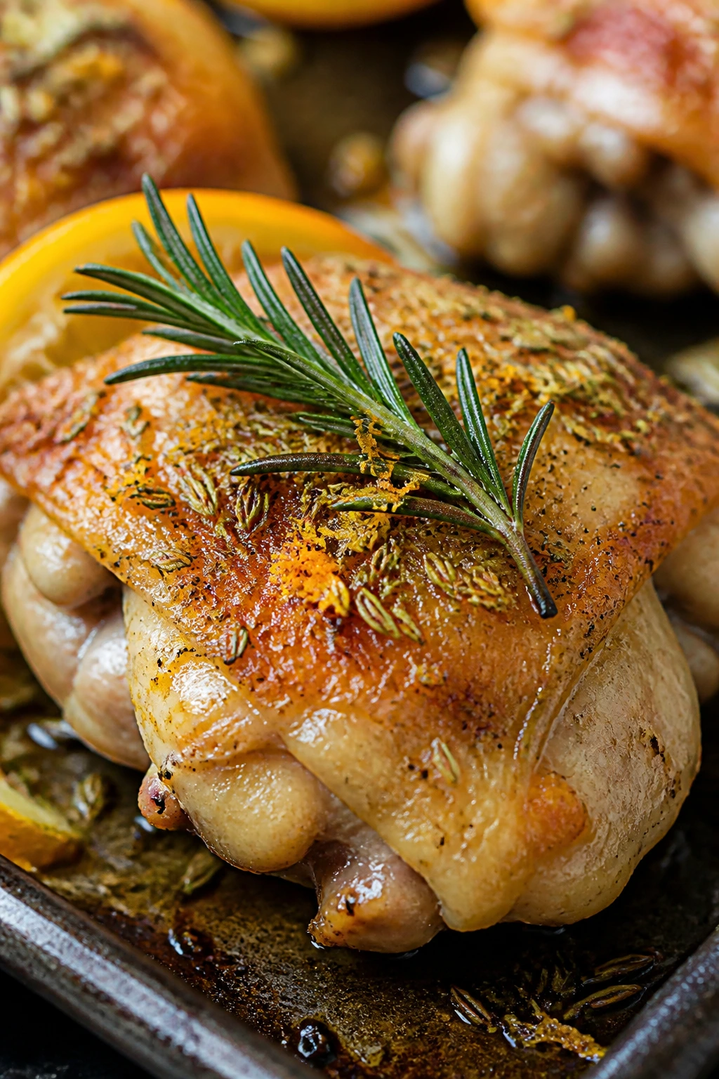 Roasted chicken thigh with orange zest, rosemary and fennel seeds