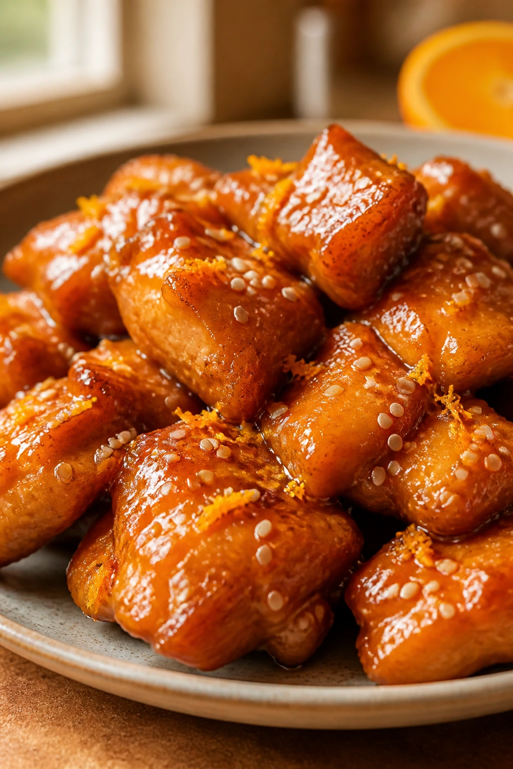Orange glazed chicken with sesame seeds on a plate