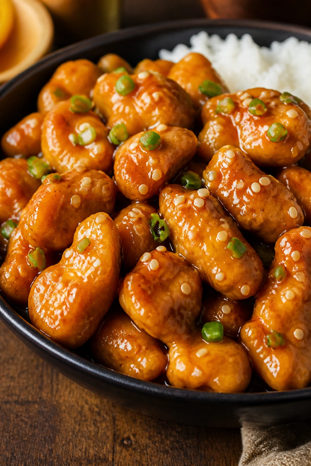 Orange Sesame Chicken with sesame seeds and marmalade glaze