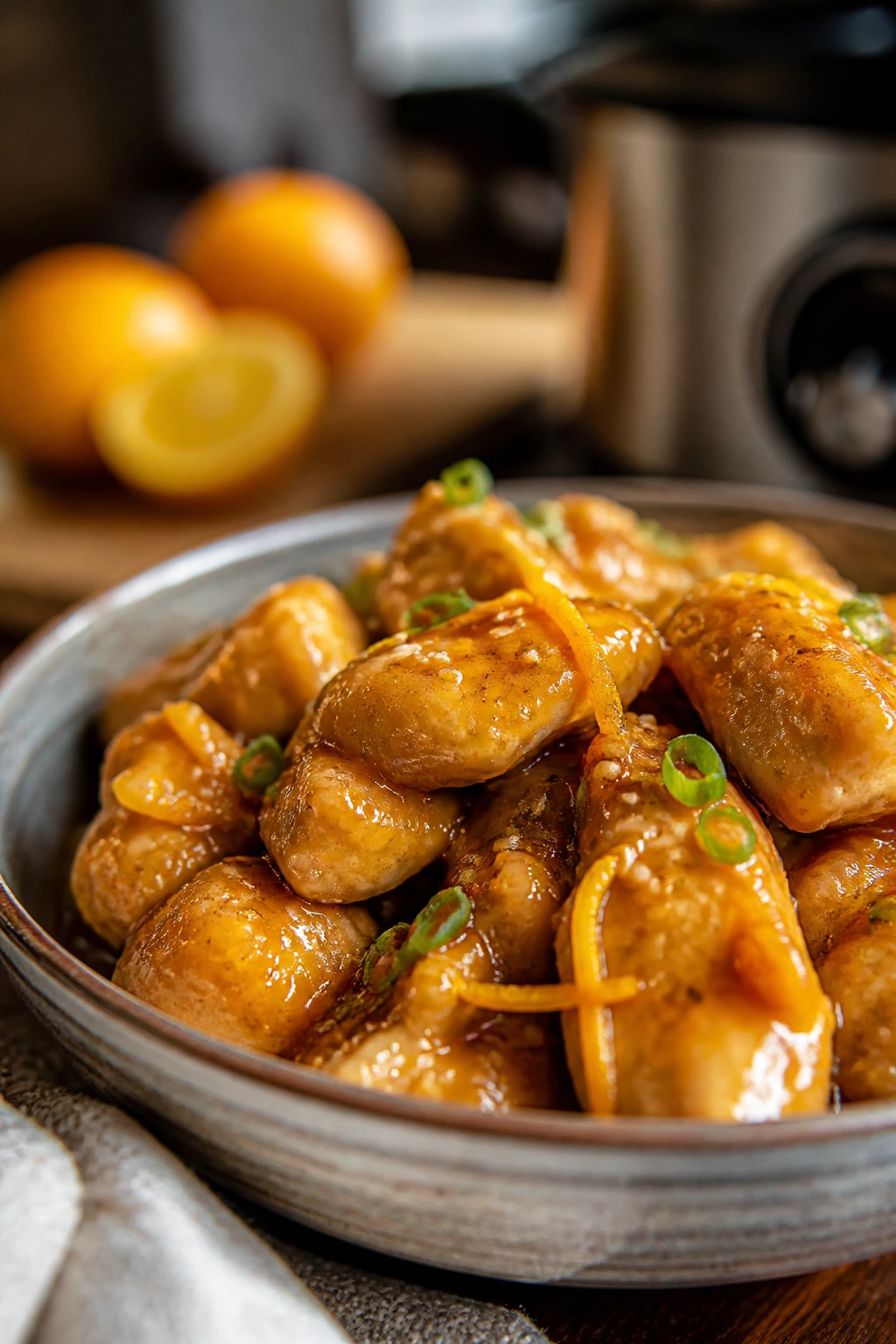 Citrus-glazed chicken bowl with sesame seeds in a warm kitchen.