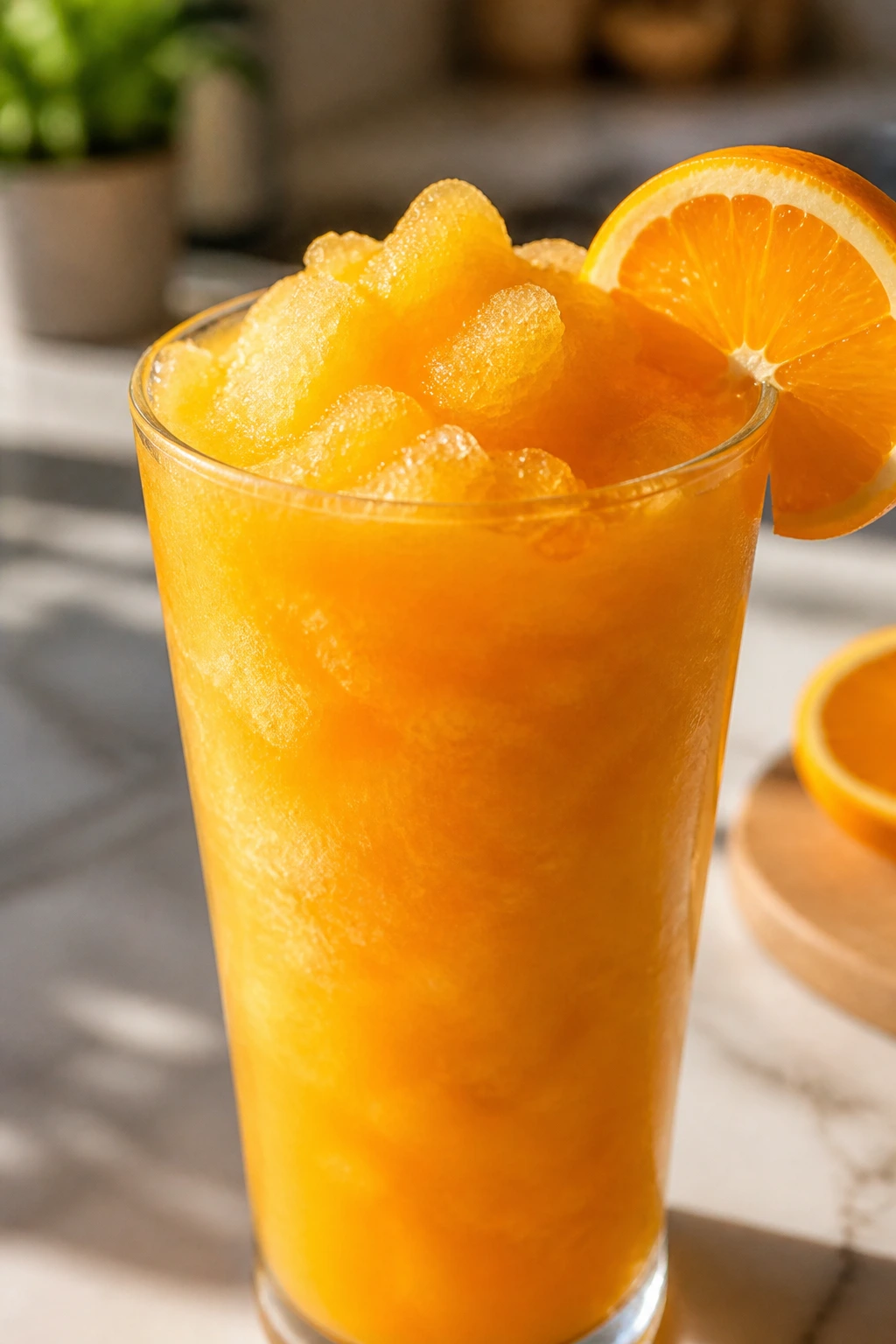 Close-up of orange passion fruit slush in a tall glass with orange slice