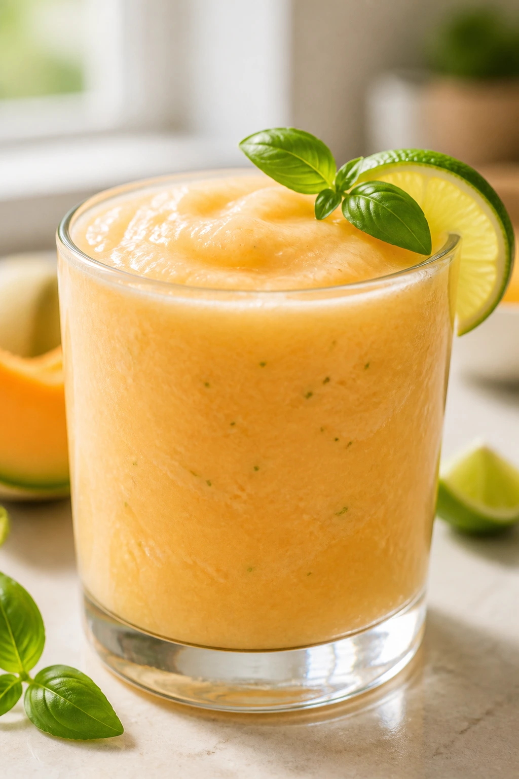 Pale orange Cantaloupe Lime Basil Smoothie in a short glass on a kitchen counter