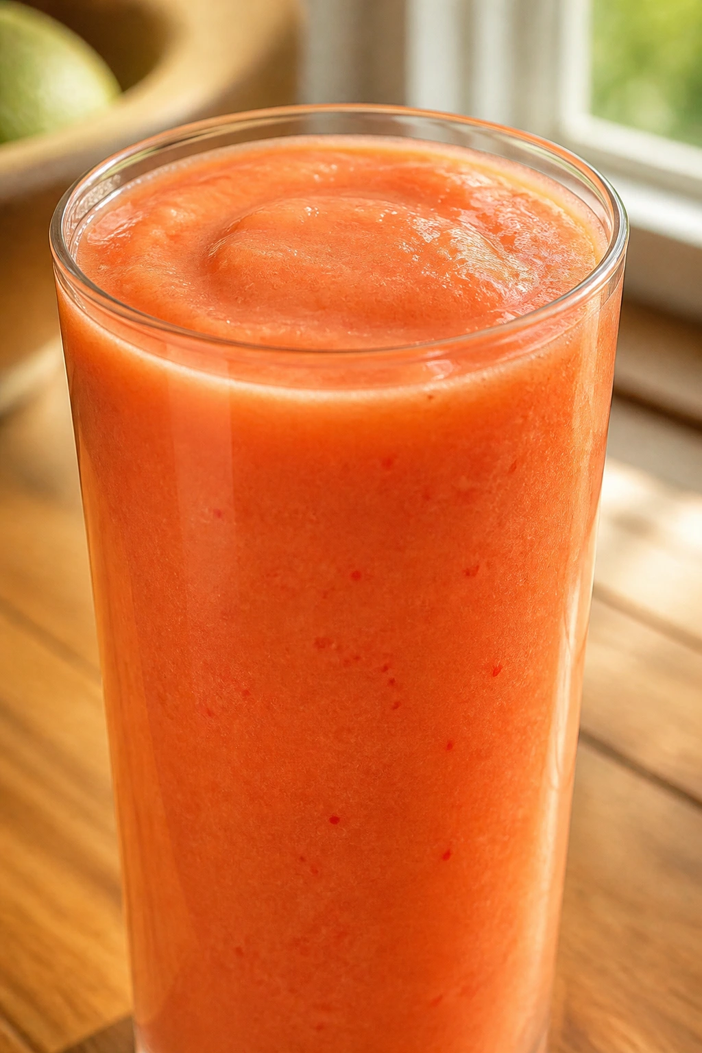 Close-up of coral-orange smoothie in glass on sunlit kitchen counter