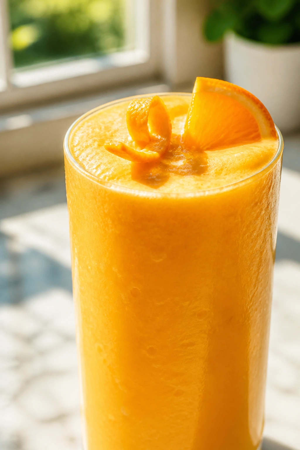 Close-up of refreshing orange smoothie in glass on sunlit kitchen counter