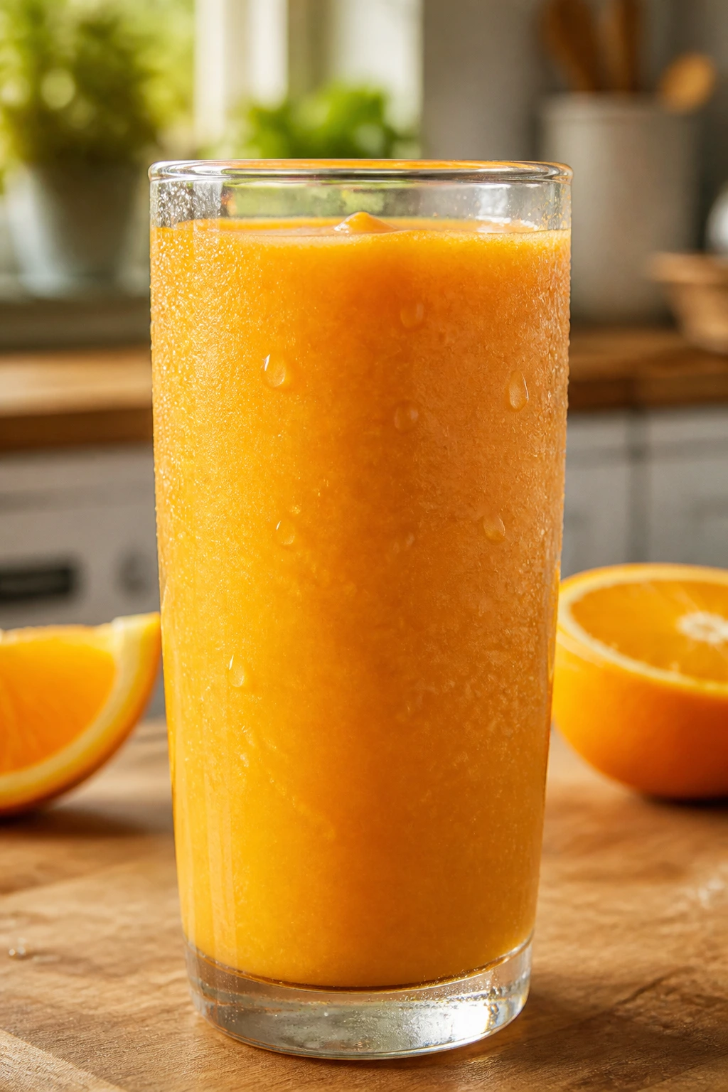 Close-up of a frosty orange smoothie in a tall glass on a sunlit kitchen counter