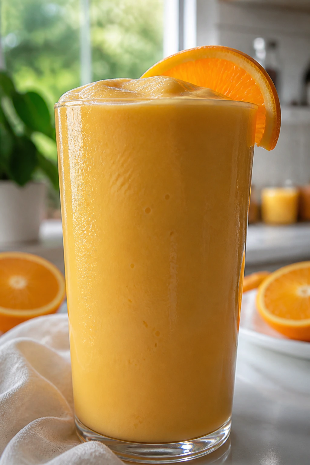 Close-up of orange Creamsicle smoothie in a glass on a sunlit kitchen counter