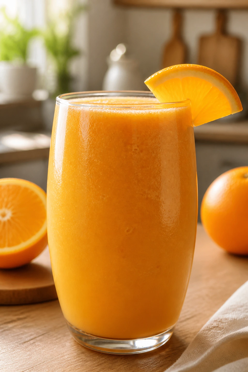 Close-up of bright orange smoothie in a glass on a warm kitchen table