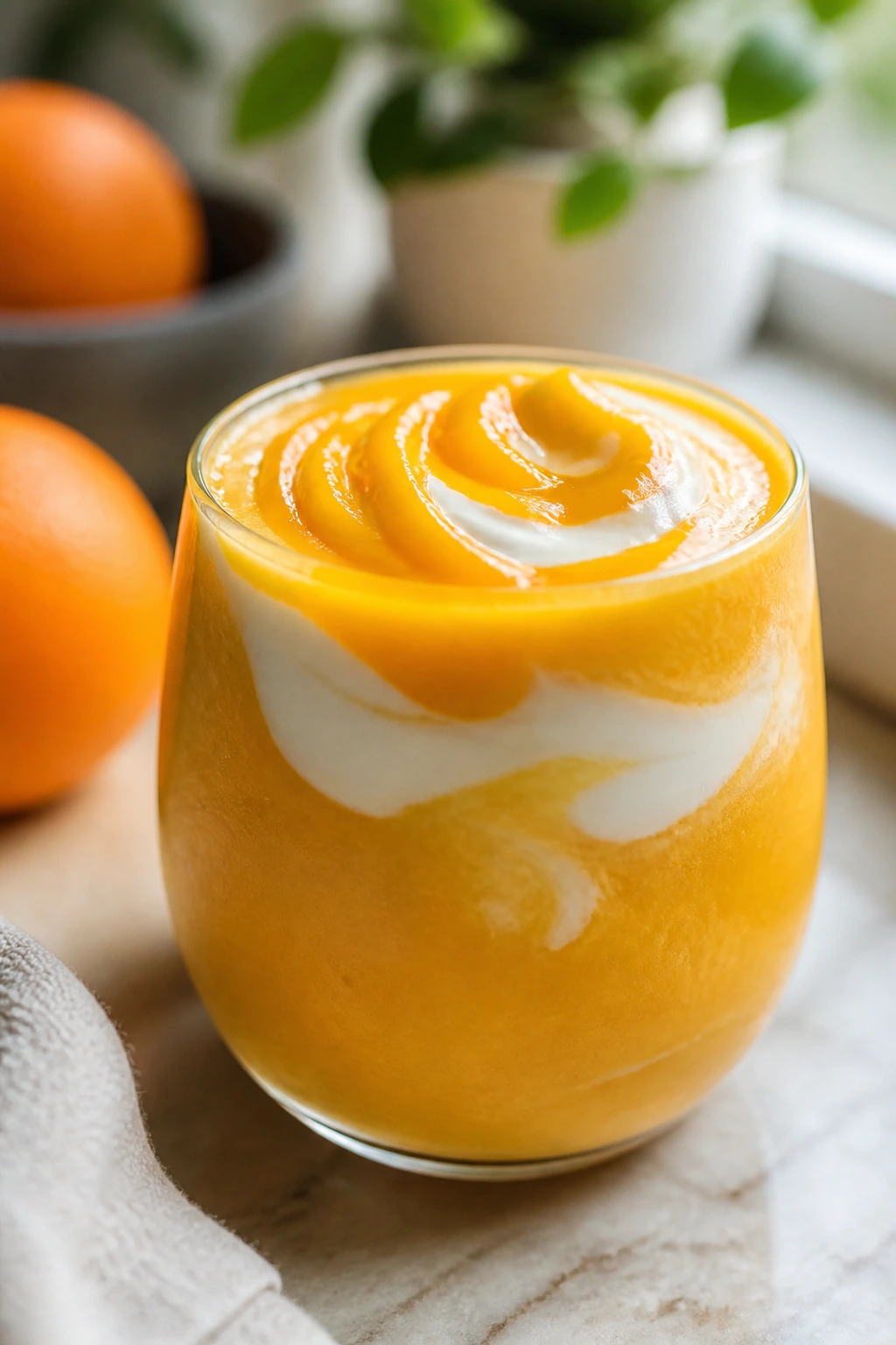 Orange smoothie with vanilla yogurt swirl and mango ribbon