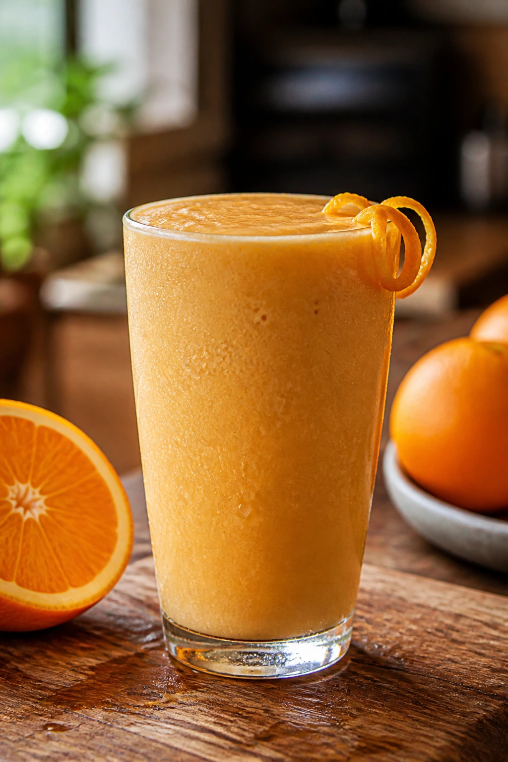 Close-up of a rim-garnished orange smoothie in a cozy kitchen