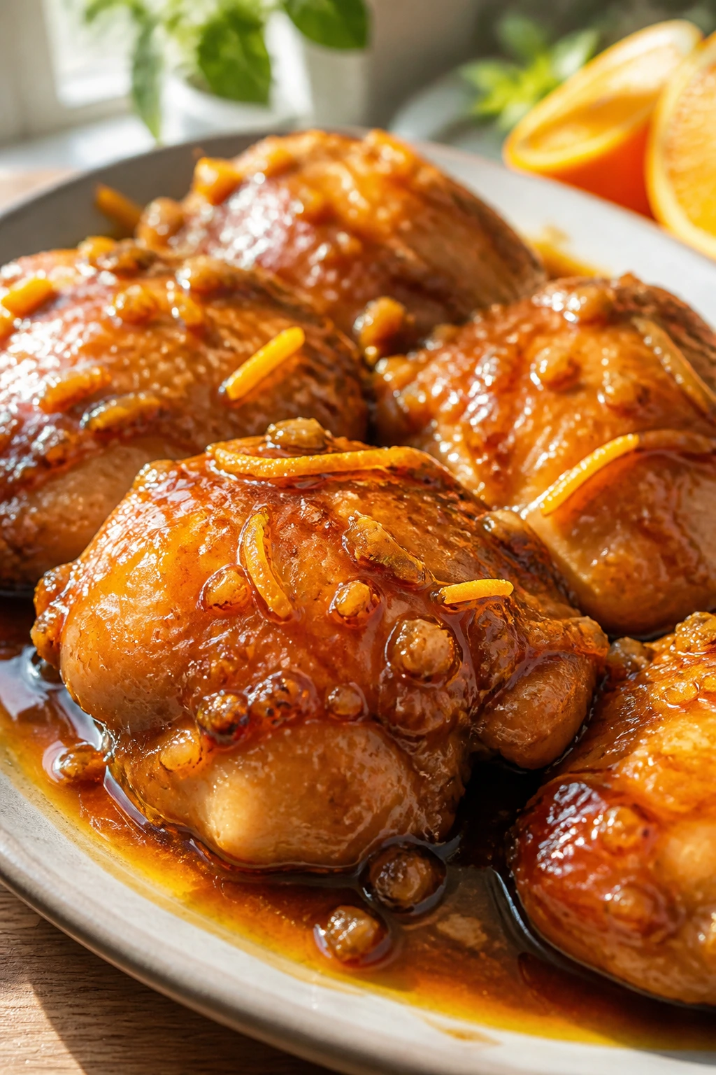 Bright orange-glazed chicken thighs in soy sauce on plate