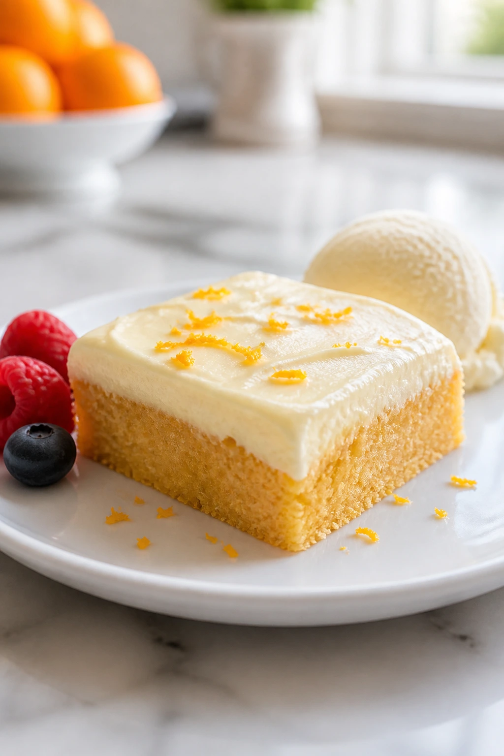 Single pale orange frosted square on white plate ready to serve
