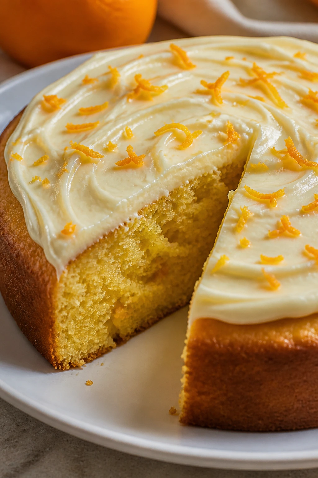 Close-up of fluffy orange tart with cream cheese frosting on plate in warm light