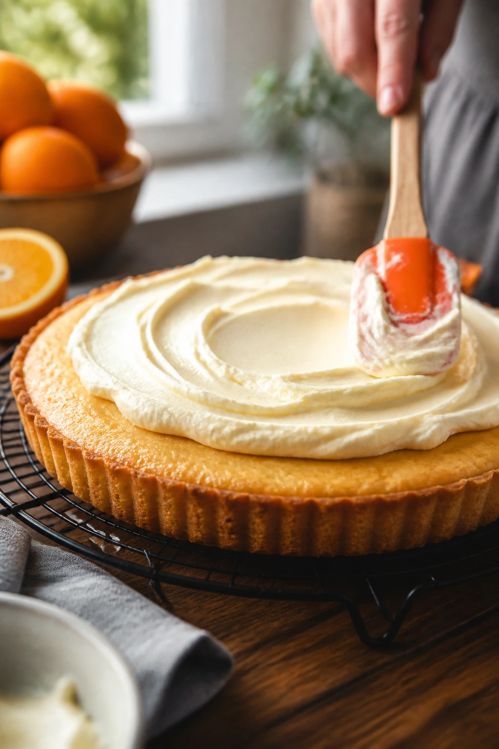 Close-up of pale-gold tart on a cooling rack with cream cheese frosting being spread in a warm kitchen