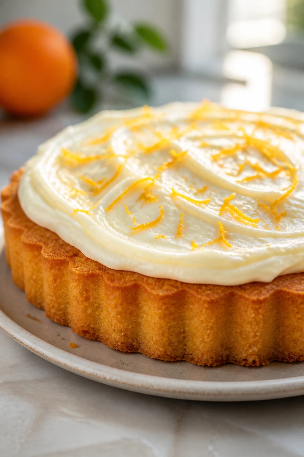 Close-up of fluffy orange tart with cream cheese frosting on plate in a bright kitchen