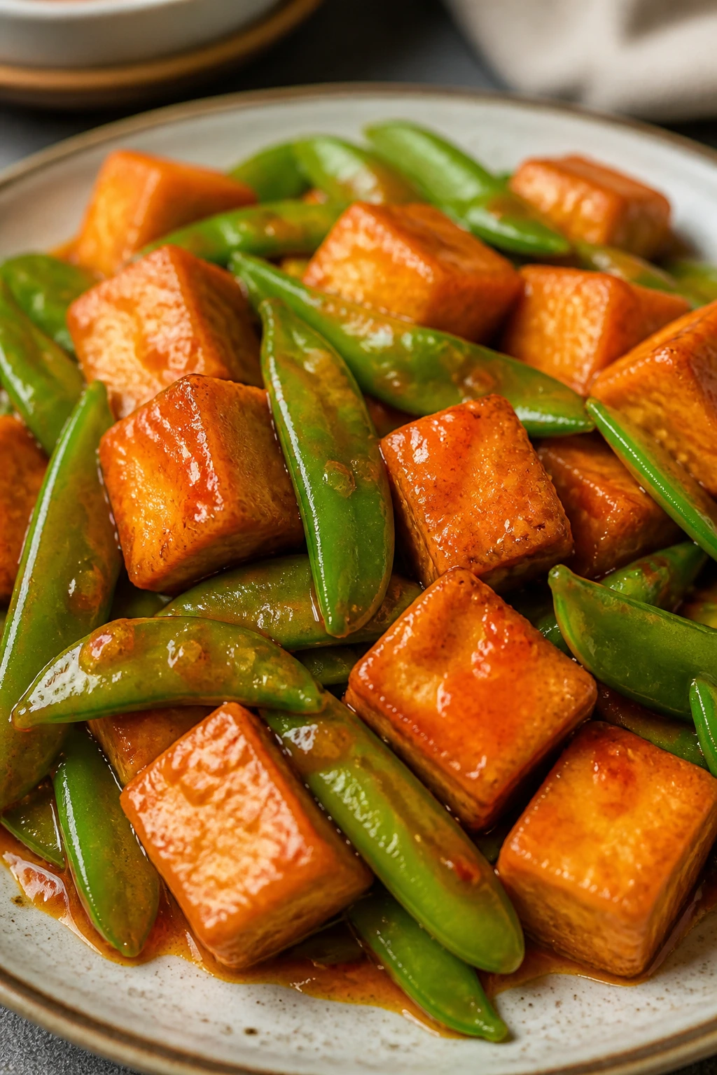 Close-up of orange tofu with snap peas on a plate