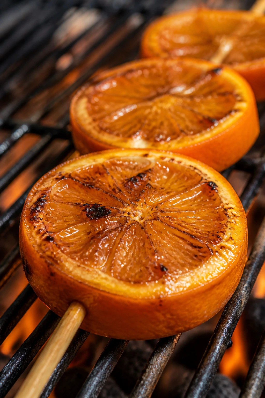 Orange skewers grilled with vanilla and cinnamon outdoors
