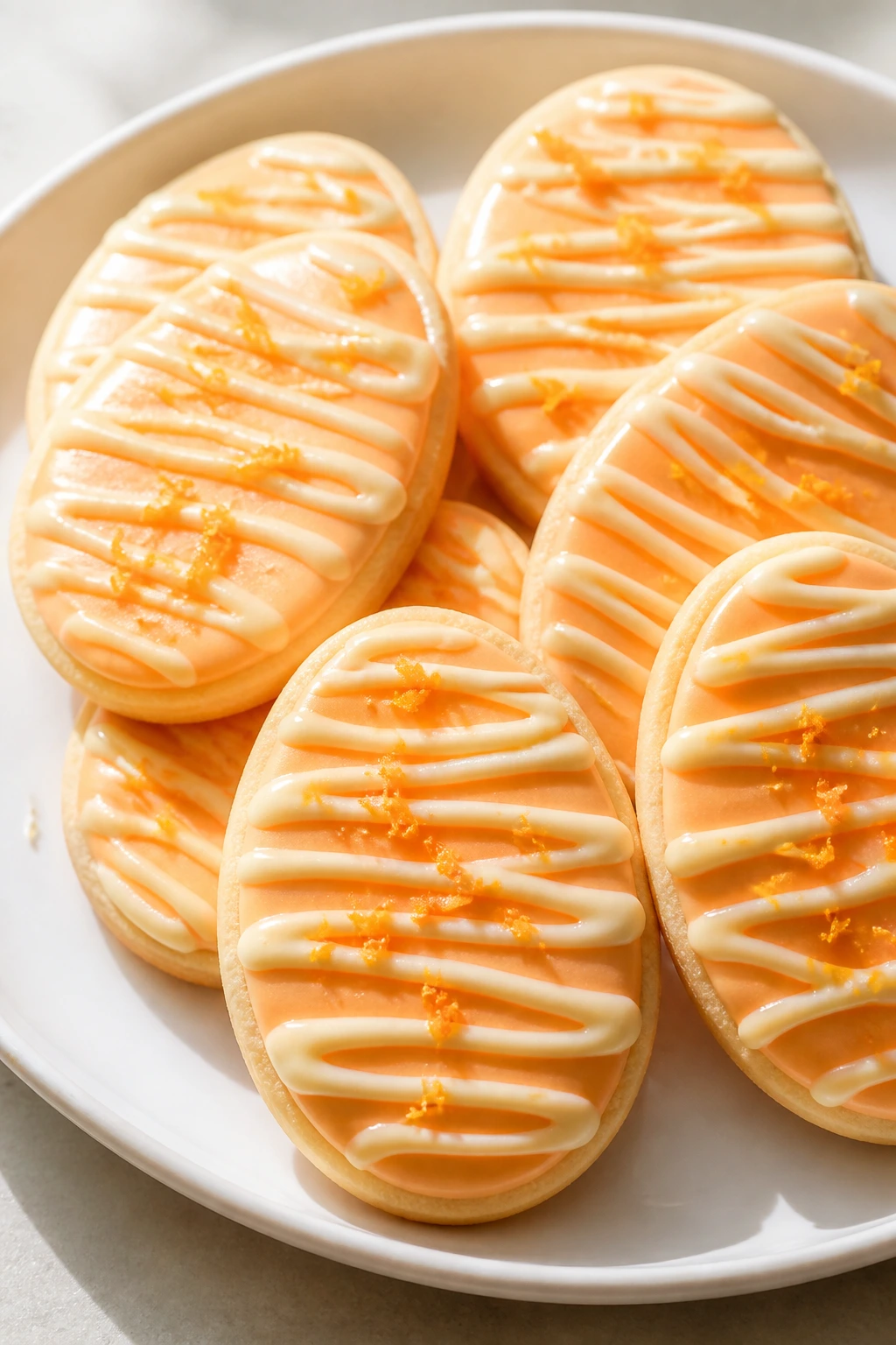 Orange vanilla iced Easter egg cookies on a plate in a sunlit kitchen
