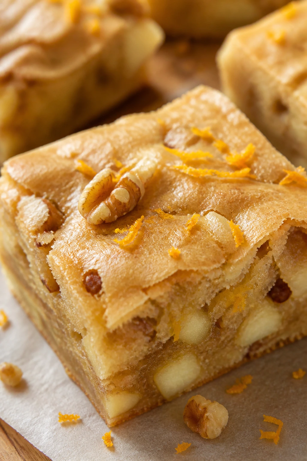 Close-up of Orange Zest Apple Blondies with orange zest flecks