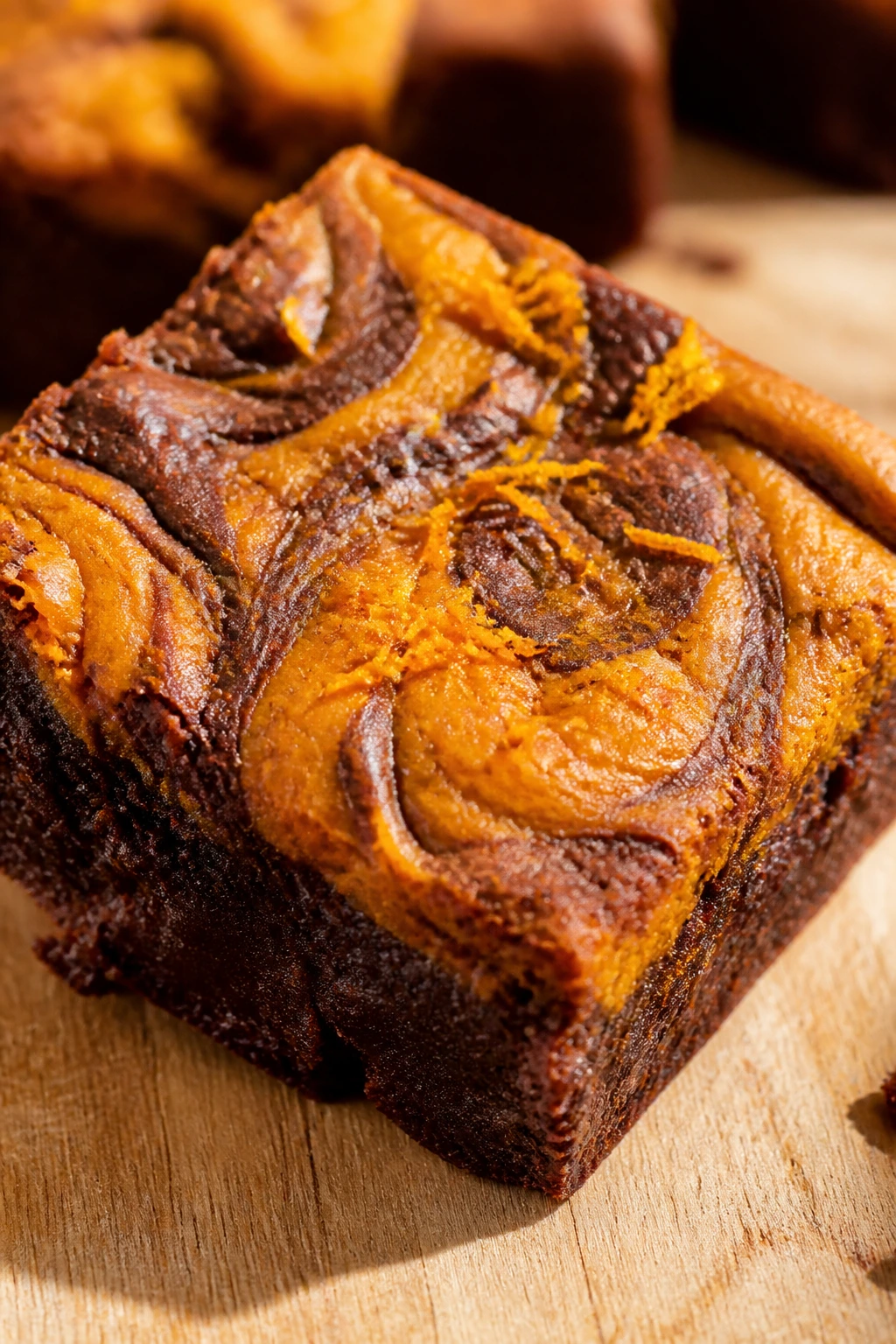 Close-up orange zest pumpkin swirl brownie on wood board