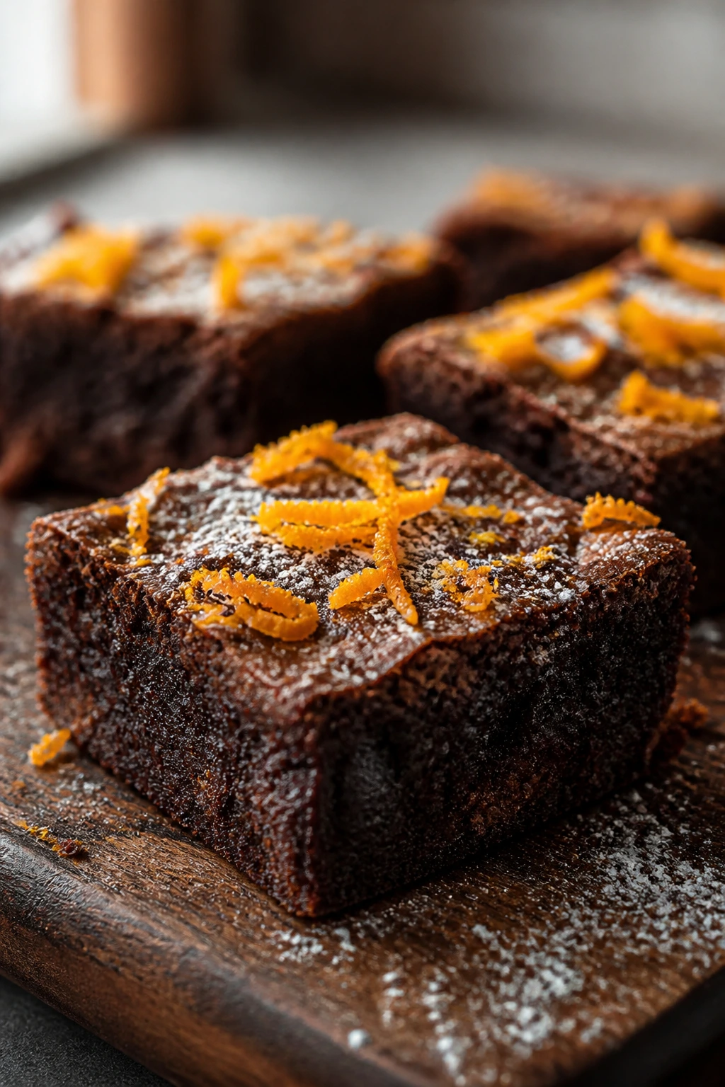Orange zest atop a dark chocolate brownie square