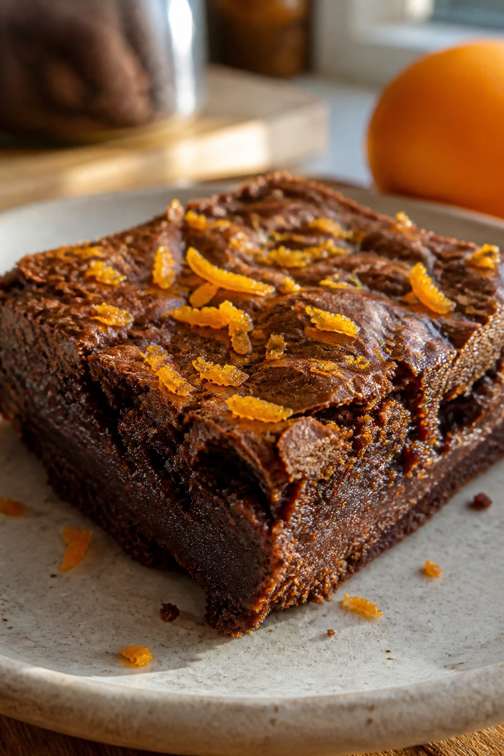 Close-up of an orange zest brownie with visible zest on top
