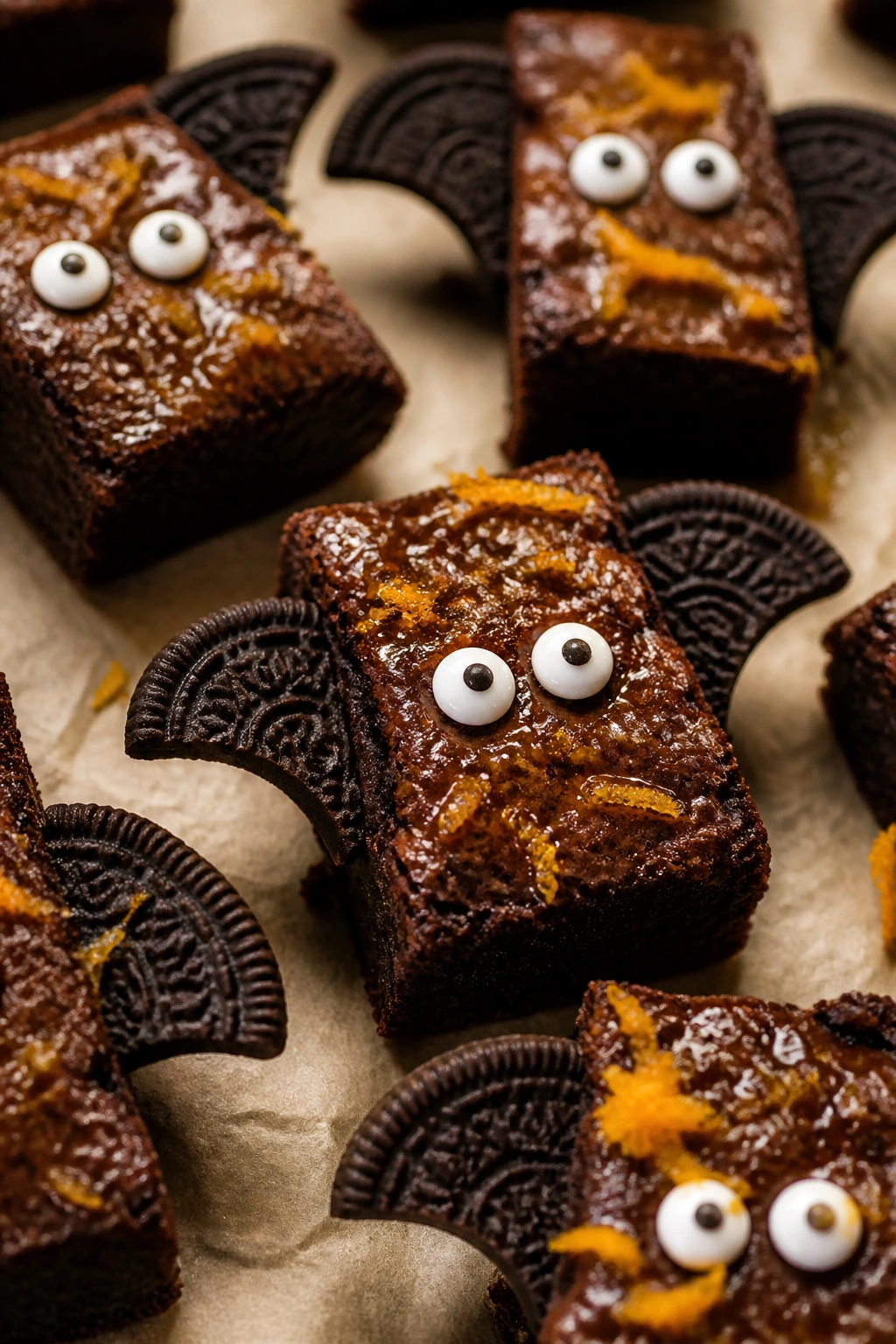 Close-up of orange zest brownie with Oreo wings and candy eyes