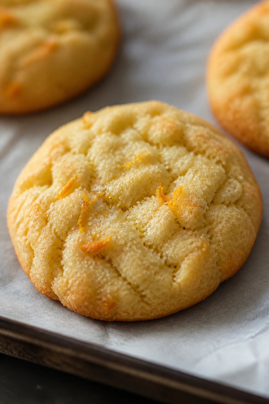 Close-up of an orange zest speckled cardamom sugar cookie on parchment